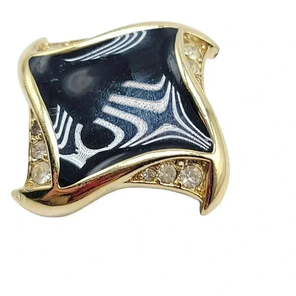 TRIFARI Gold Tone Pave Clear Rhinestone Black Enamel Abstract Pin Brooch Vintage - Picture 3 of 4